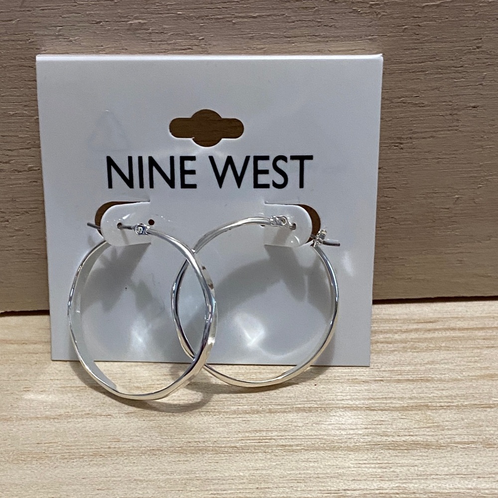 Nine West Shiny Silver Hoop Earrings with exterior bevel
